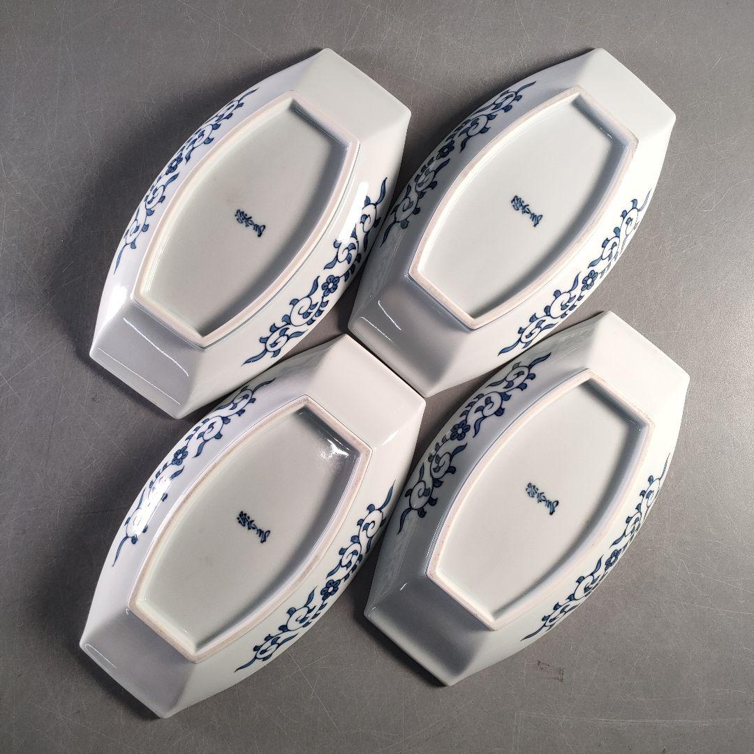 A1380-8/有田焼/源右衛門窯/染付葵流水絵舟形皿4客/共箱/飾皿/懐石道具