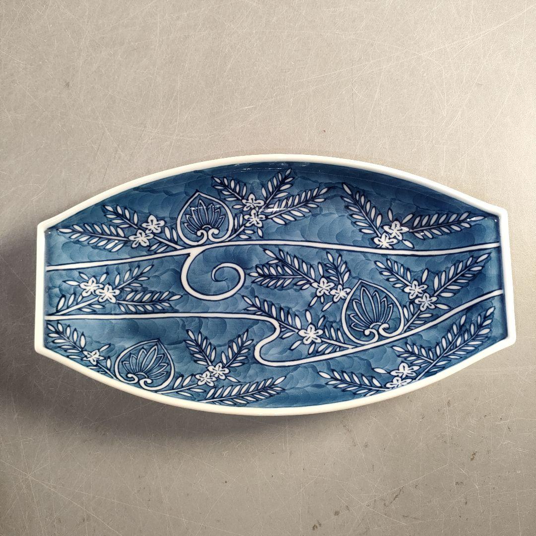 A1380-8/有田焼/源右衛門窯/染付葵流水絵舟形皿4客/共箱/飾皿/懐石道具