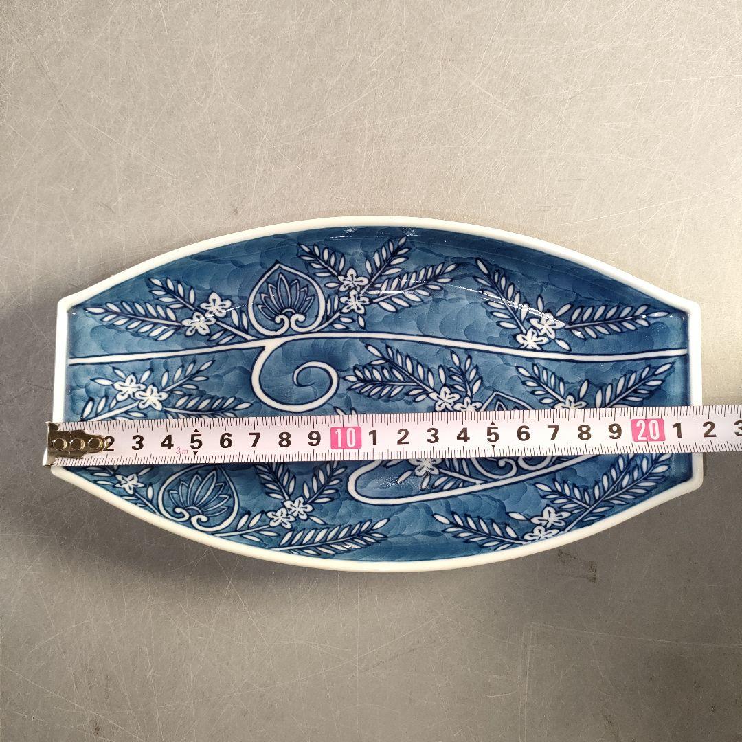 A1380-8/有田焼/源右衛門窯/染付葵流水絵舟形皿4客/共箱/飾皿/懐石道具