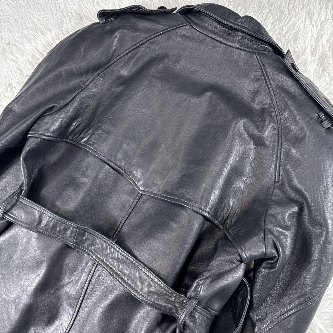 【ヴィンテージ】羊革 レザートレンチコート ダブル ベルト付き ブラック