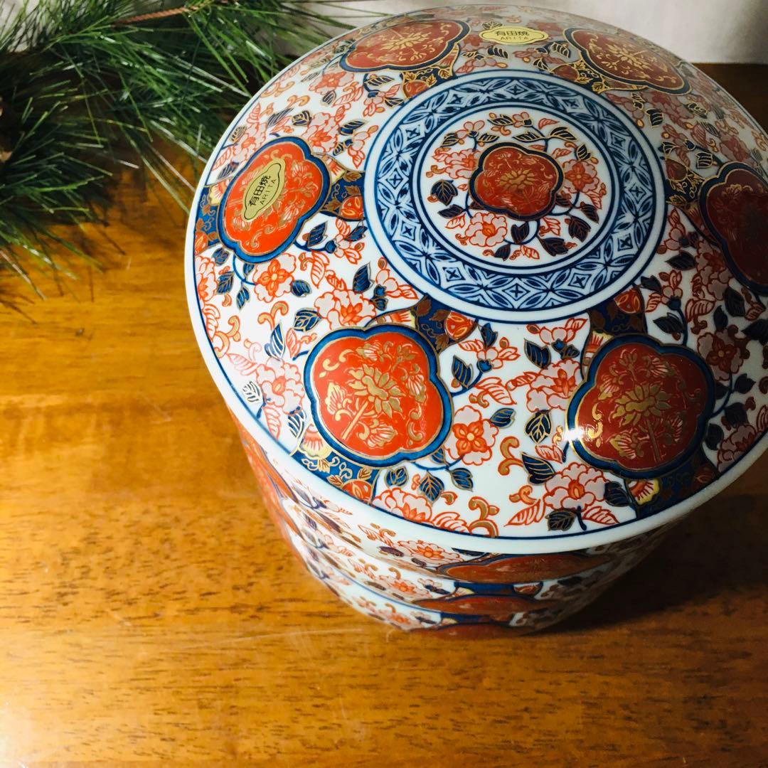 【お正月事始め】有田焼 弥左エ門窯 金襴手 古伊万里 　三段重　蓋物