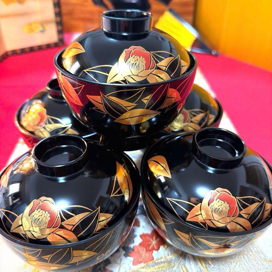 美品　南山蓋付き金彩小丼　希少　椿　金箔お椀　 各５客揃い　No.5-4