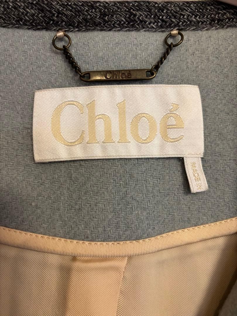 CHLOE クロエ バージンウール ロングコート ノーカラー ブルー サイズ34