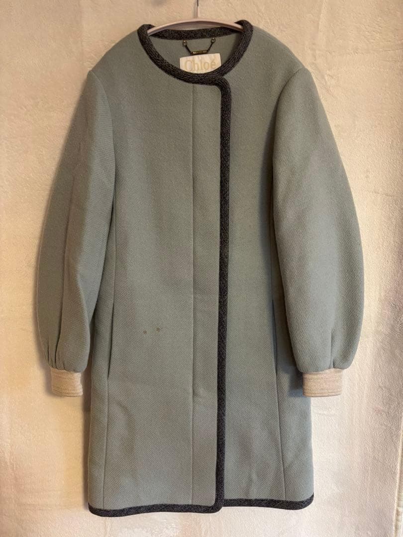 CHLOE クロエ バージンウール ロングコート ノーカラー ブルー サイズ34