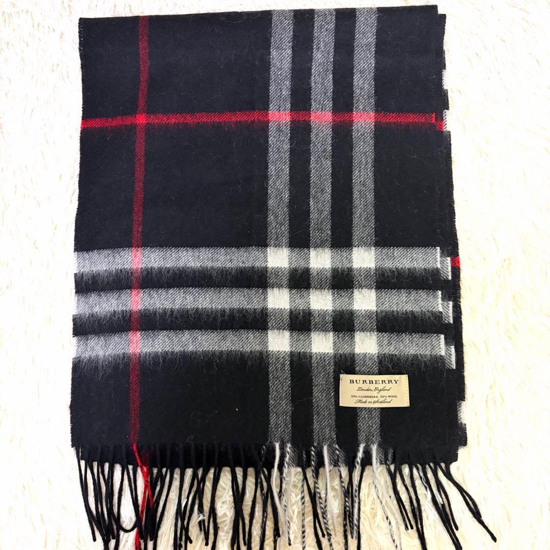 バーバリー　カシミヤ50% マフラー　ネイビー　赤　チェック