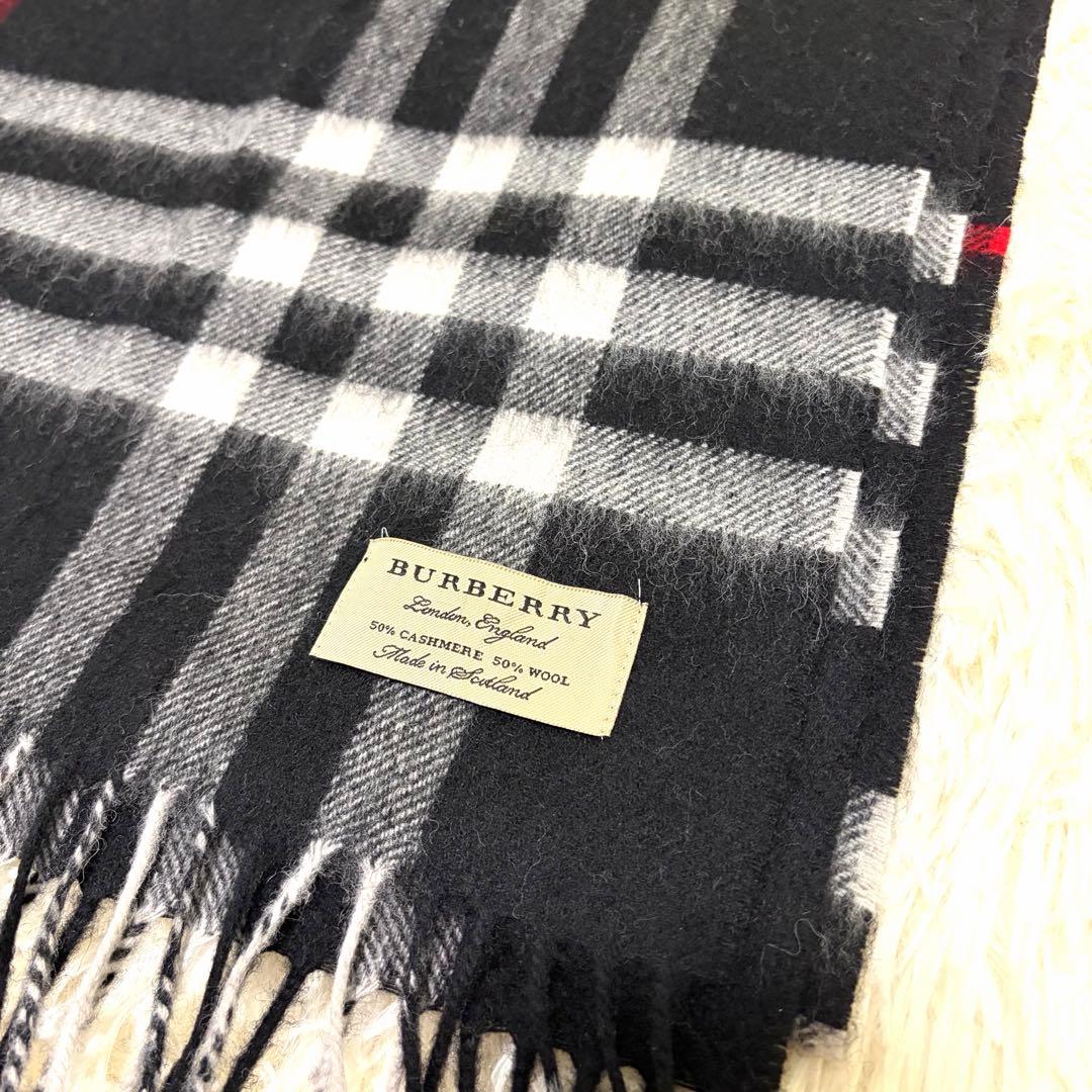 バーバリー　カシミヤ50% マフラー　ネイビー　赤　チェック