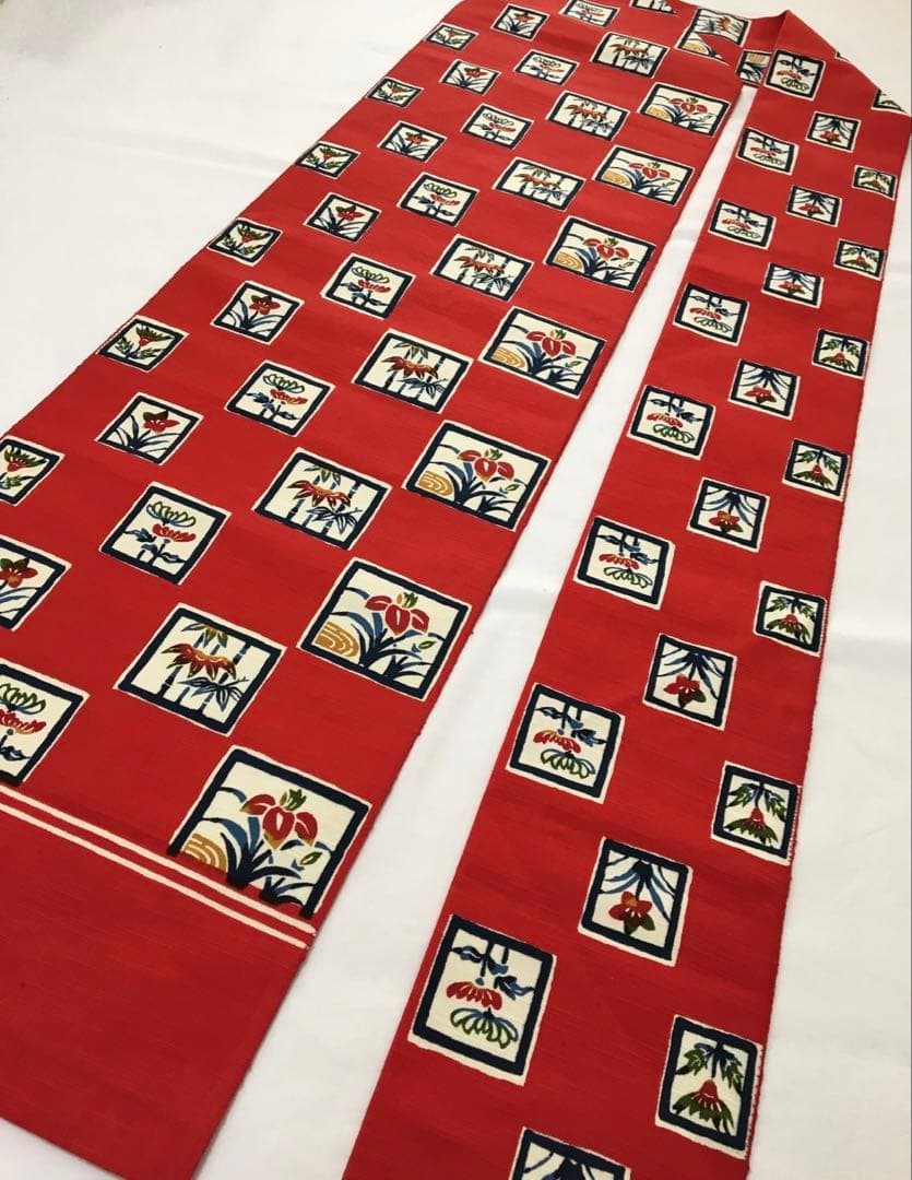 紅型染め【名古屋帯】正絹　紬　レッド