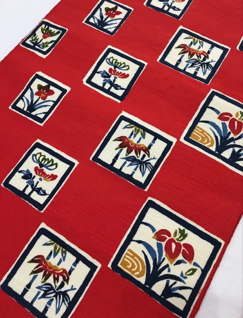 紅型染め【名古屋帯】正絹　紬　レッド