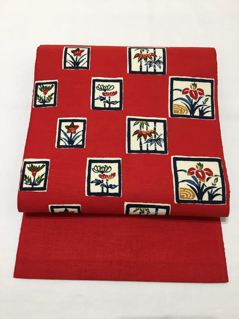 紅型染め【名古屋帯】正絹　紬　レッド