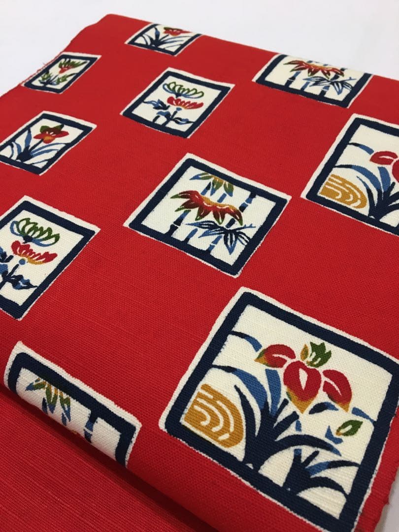 紅型染め【名古屋帯】正絹　紬　レッド