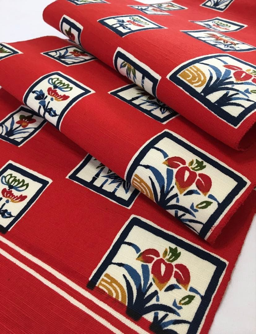 紅型染め【名古屋帯】正絹　紬　レッド