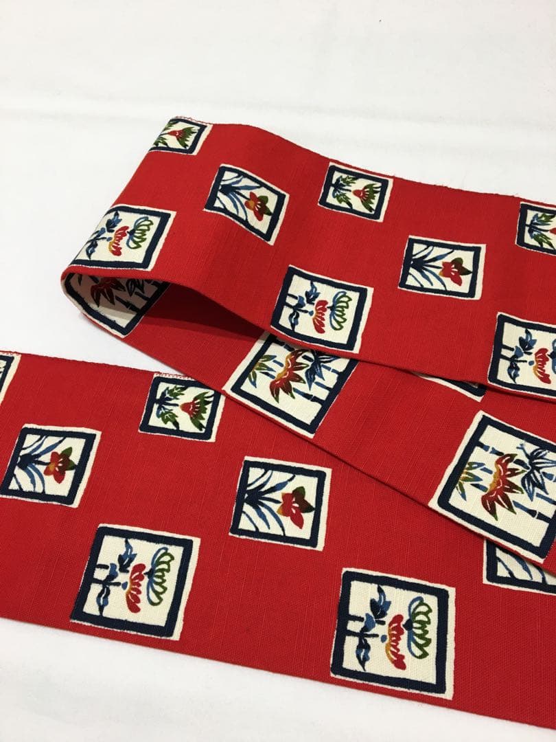 紅型染め【名古屋帯】正絹　紬　レッド
