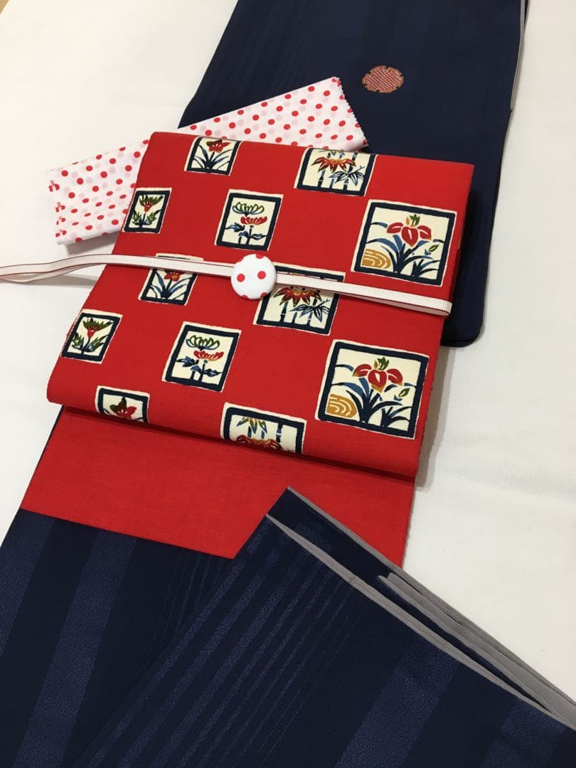 紅型染め【名古屋帯】正絹　紬　レッド