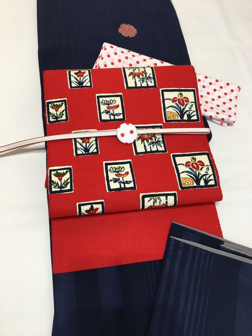 紅型染め【名古屋帯】正絹　紬　レッド