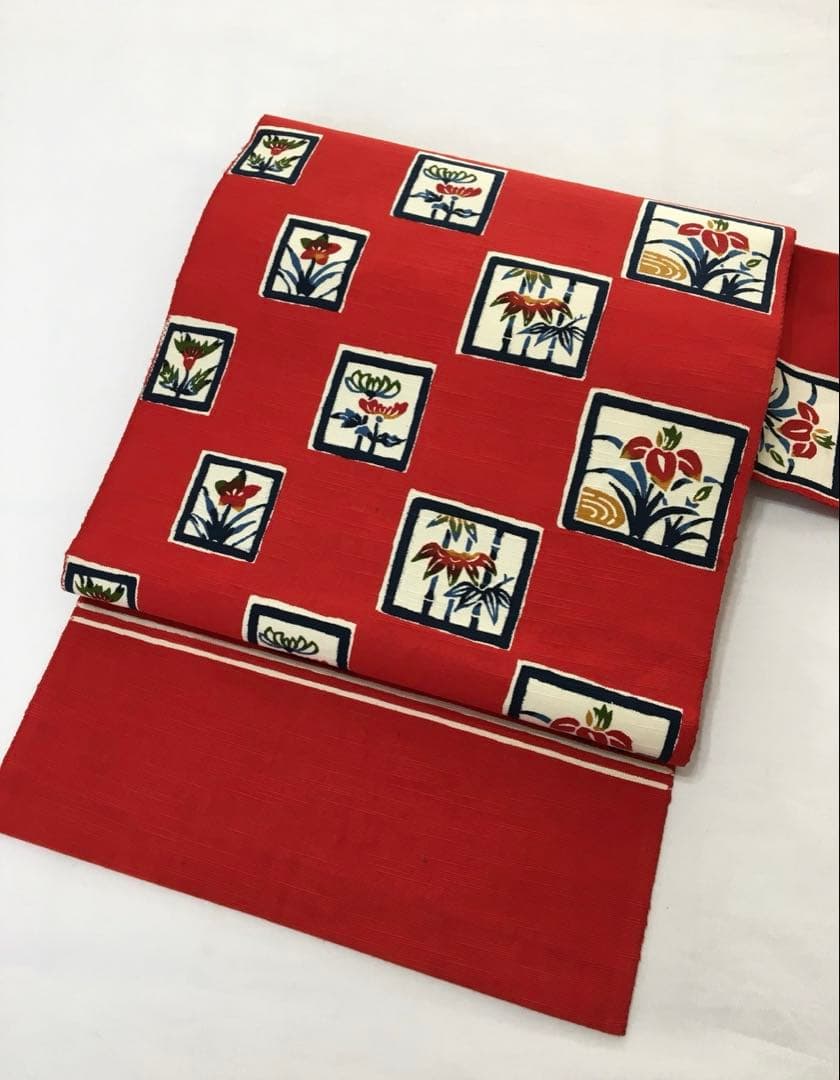 紅型染め【名古屋帯】正絹　紬　レッド