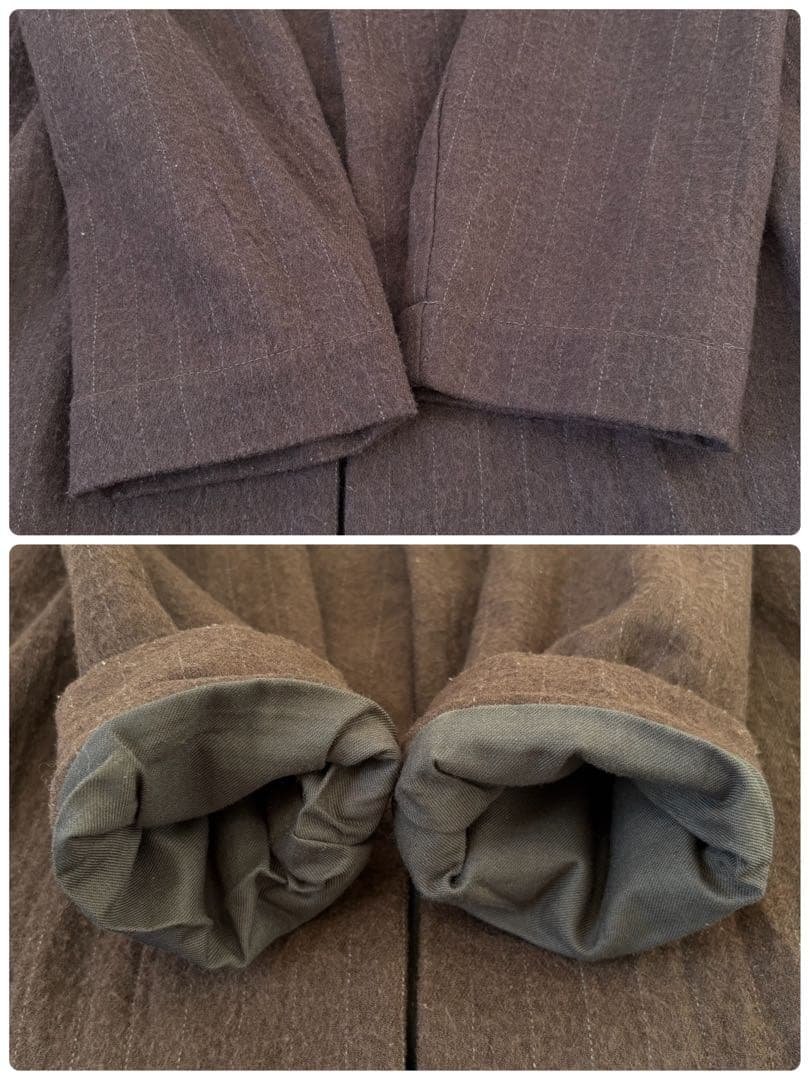 極美品　イチアンティークス　ノーカラーコート　ブラウン　ストライプ