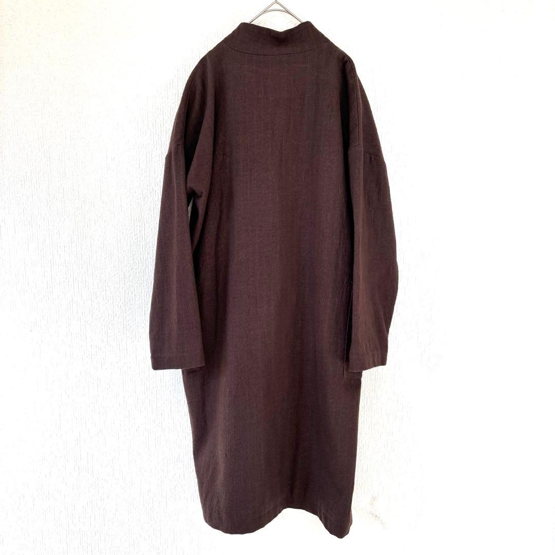 極美品　イチアンティークス　ノーカラーコート　ブラウン　ストライプ