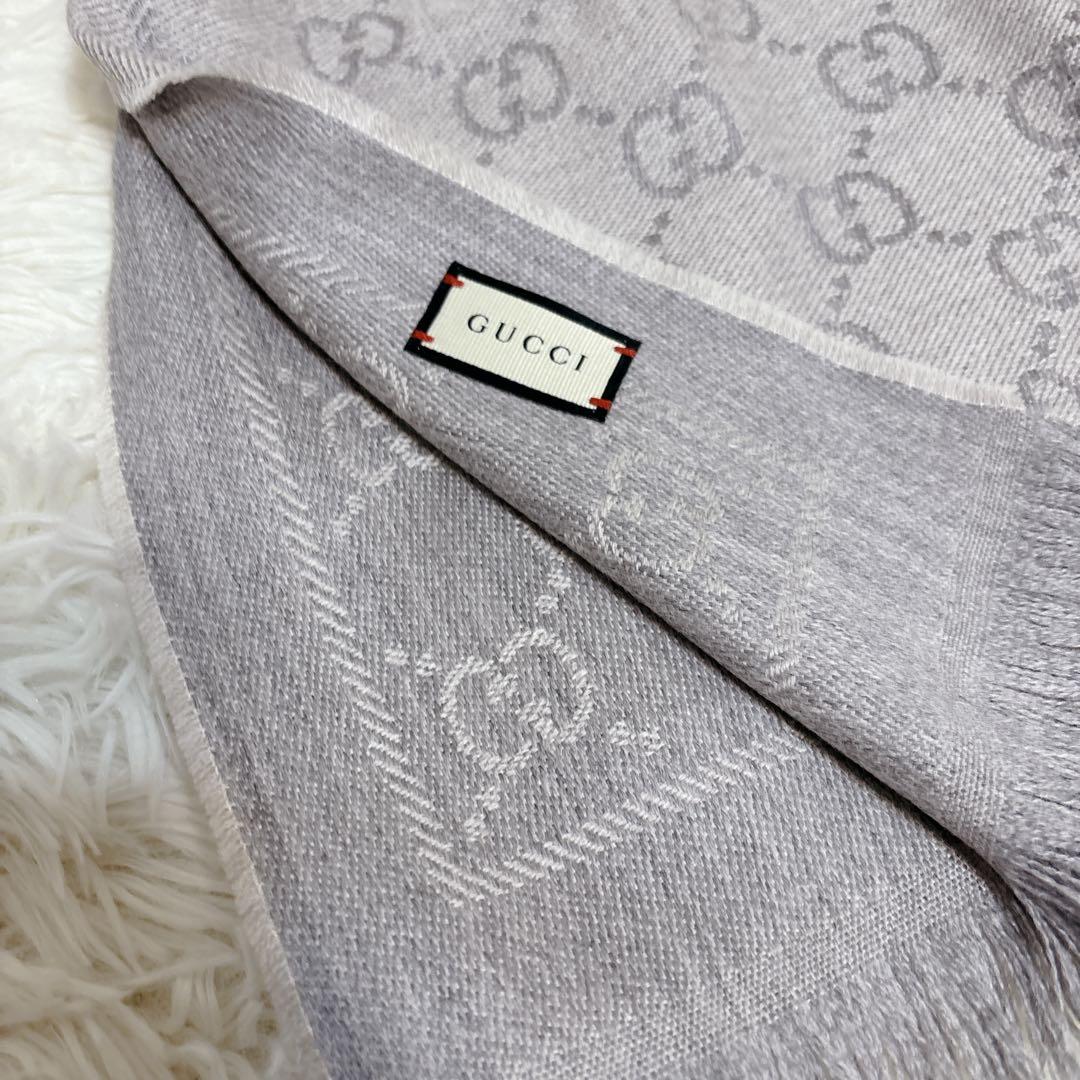 GUCCI グッチ マフラー GG柄 リバーシブル ウール 混紡 グレー系