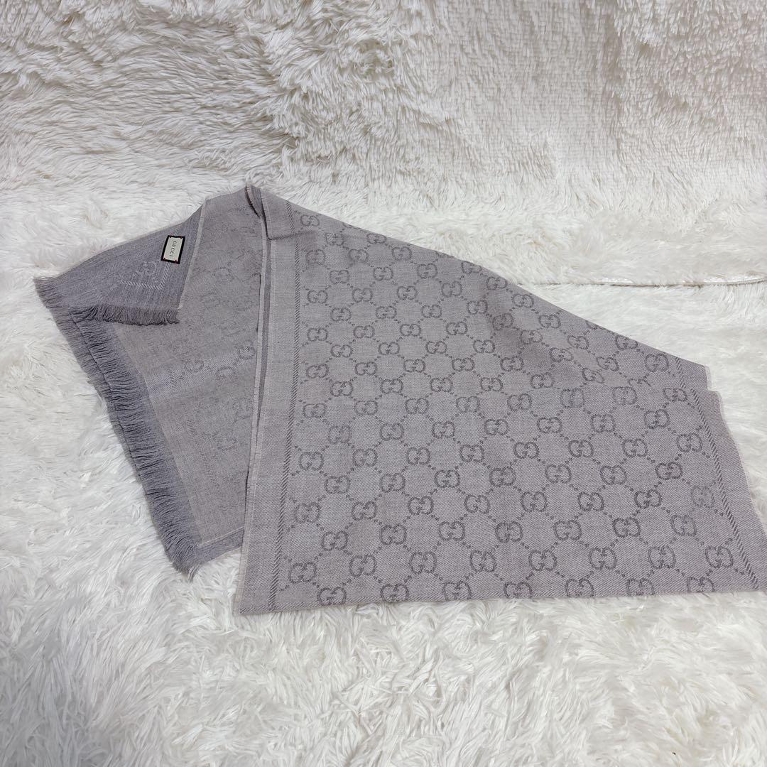 GUCCI グッチ マフラー GG柄 リバーシブル ウール 混紡 グレー系