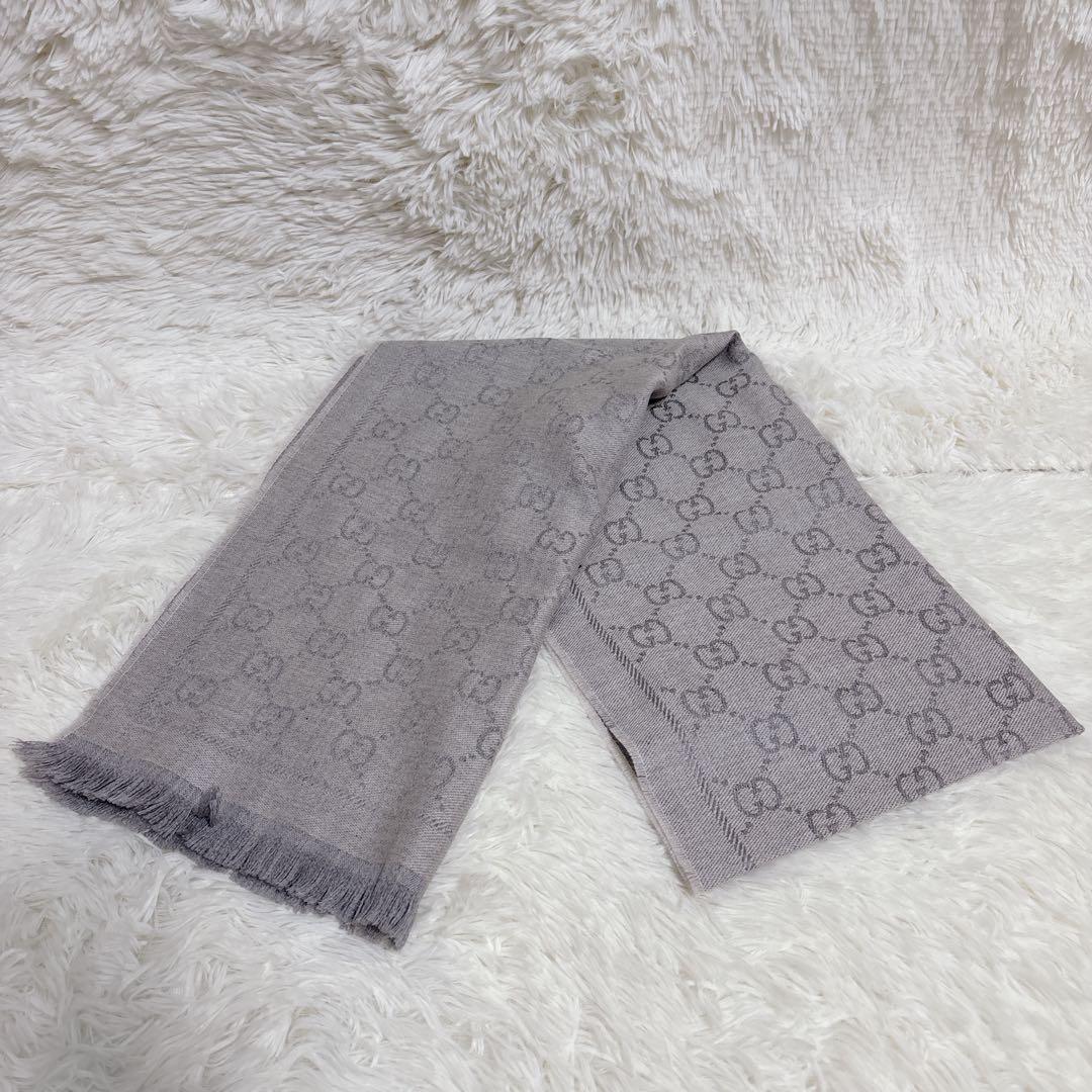 GUCCI グッチ マフラー GG柄 リバーシブル ウール 混紡 グレー系