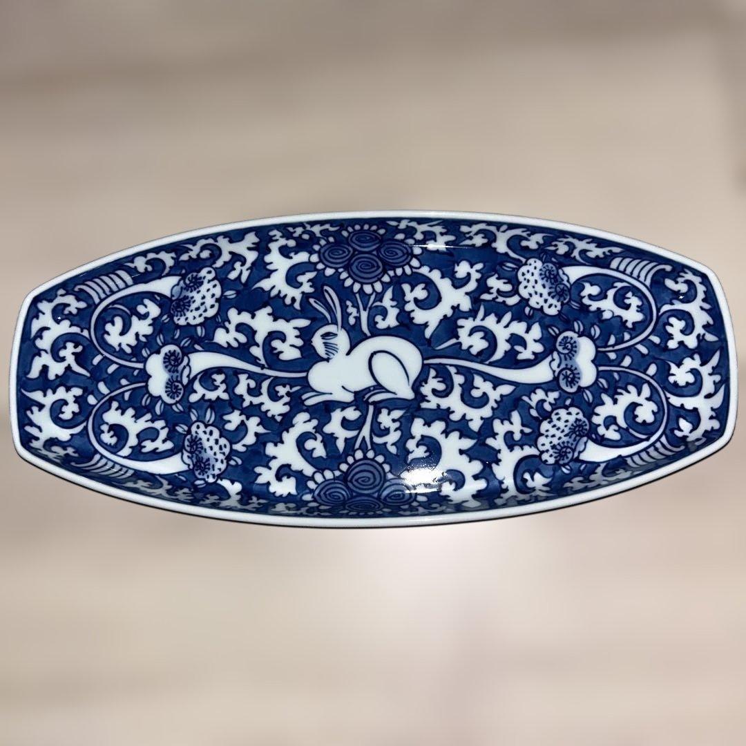 源右衛門　楕円形皿28cm ５枚セット 唐草模様　青白い花柄　有田焼