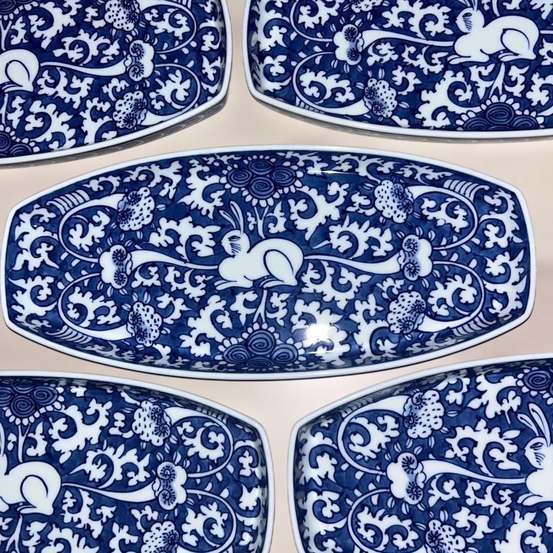 源右衛門　楕円形皿28cm ５枚セット 唐草模様　青白い花柄　有田焼