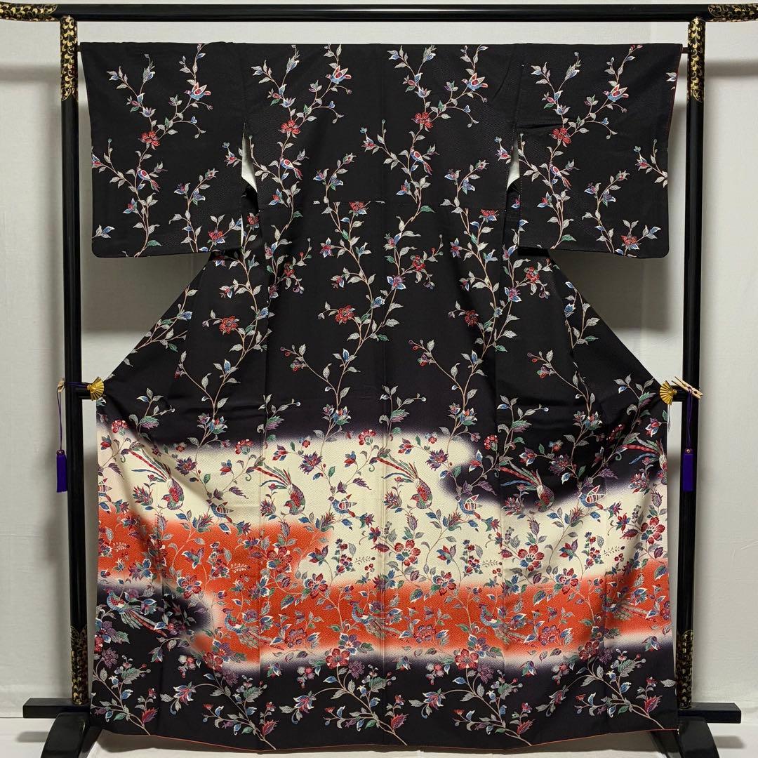 D194 訪問着　鳥　唐花　正絹　着物　袷　極美品