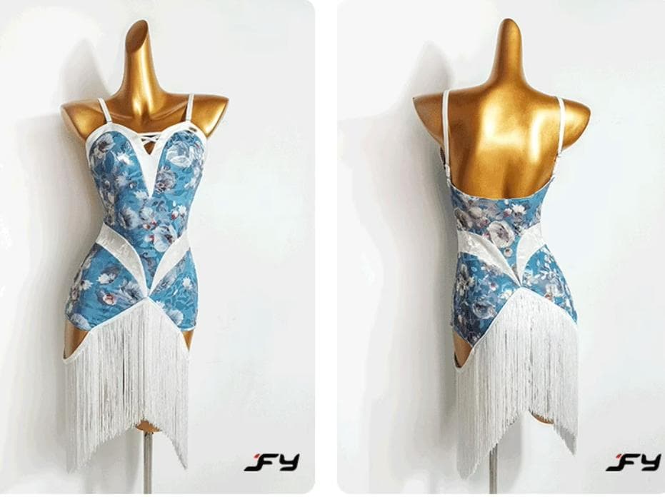 新作 社交ダンス衣装　ラテンワンピースドレス　花柄 ブルー オーダーメイド