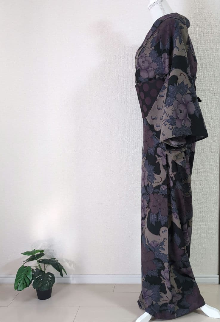 【三花】撫松庵　セオα　洗える着物　浴衣　単衣　孔雀　牡丹　リサイクル　リユース