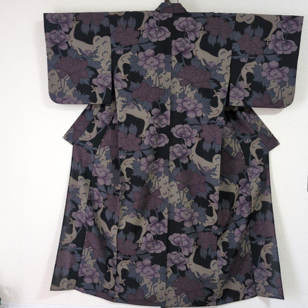 【三花】撫松庵　セオα　洗える着物　浴衣　単衣　孔雀　牡丹　リサイクル　リユース