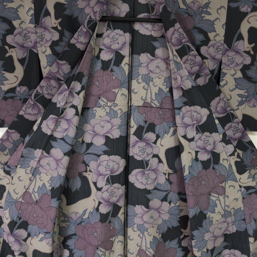 【三花】撫松庵　セオα　洗える着物　浴衣　単衣　孔雀　牡丹　リサイクル　リユース