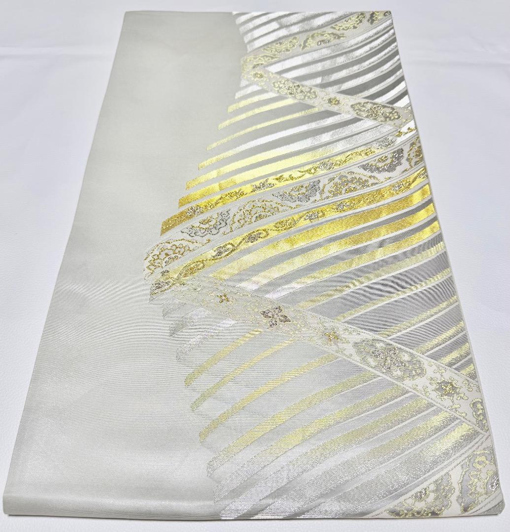 高級 袋帯 正絹 六通柄 グレー ホワイト 献上柄 訪問着 付け下げ 博多織