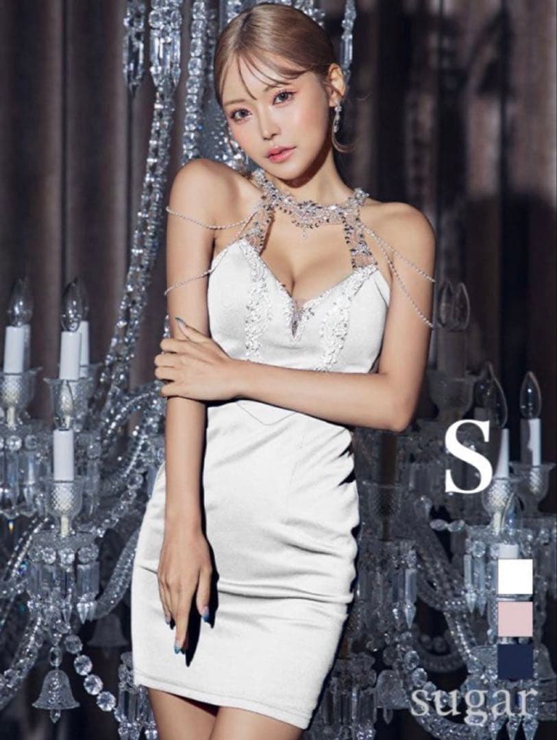 ショルダーパールチェーン デコルテビジューメッシュミニタイト キャバドレス