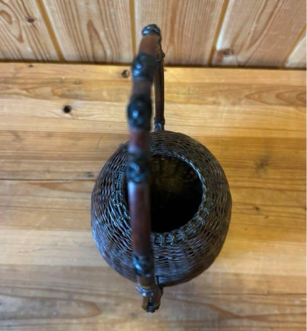 美品　籠　唐物　手付松葉籠　島田竹宝斎作　生花籠　箱付き　茶道具