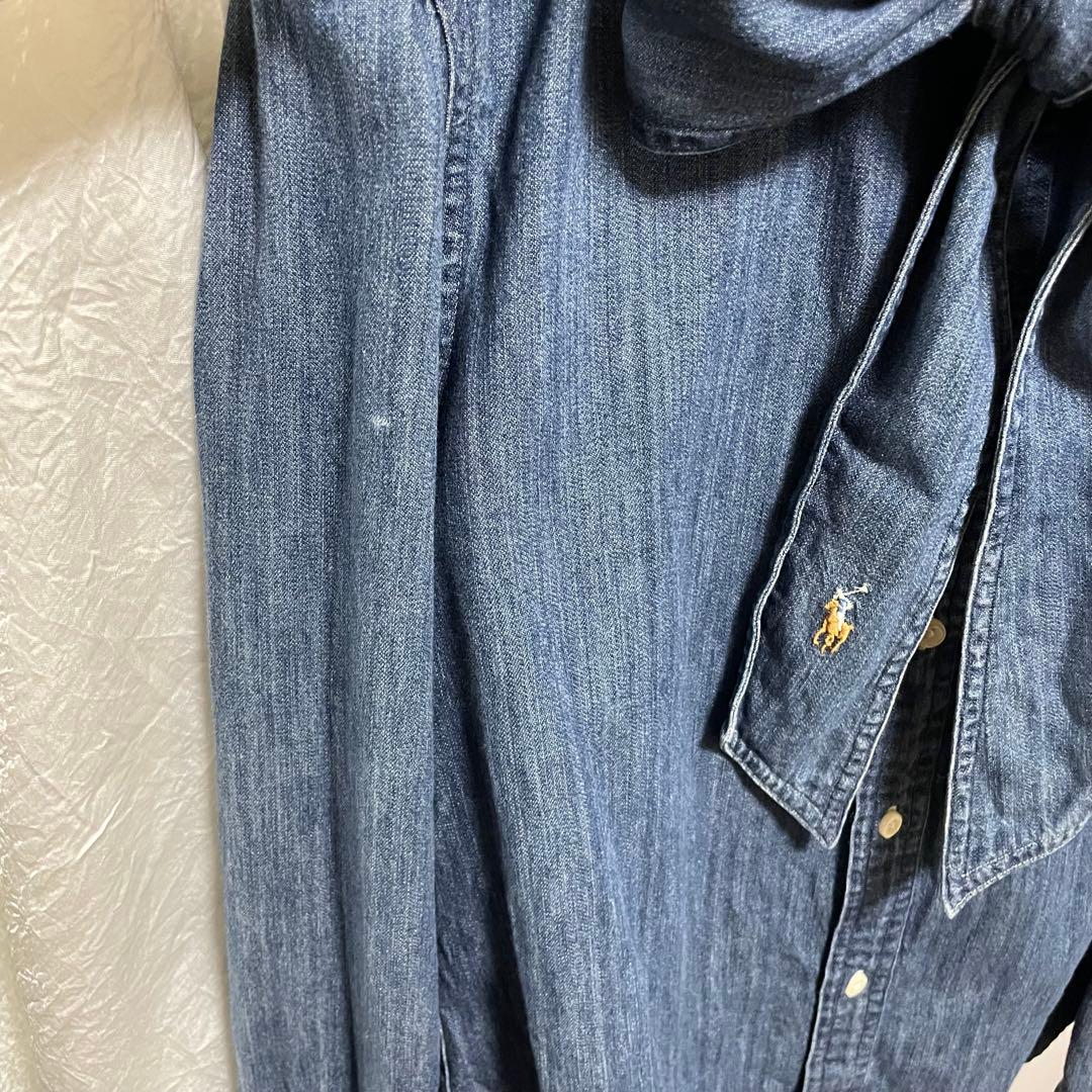 現行ラルフローレン　ボウタイリボンデニムシャツ ダンガリーシャツ