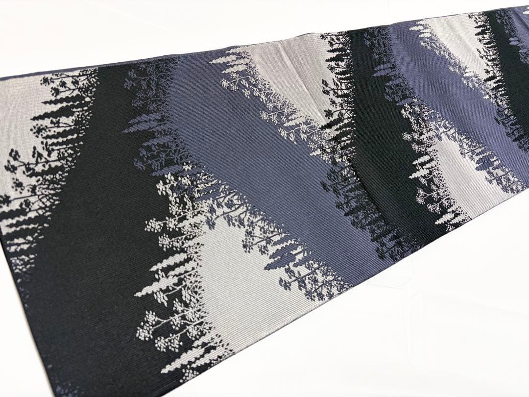 B 木屋太 風景模様 黒×紫×グレー 正絹 六通 袋帯 O38
