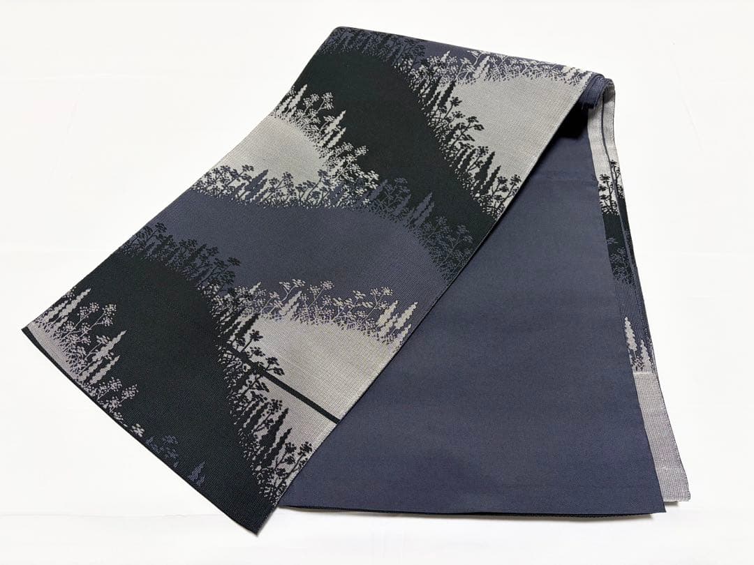 B 木屋太 風景模様 黒×紫×グレー 正絹 六通 袋帯 O38