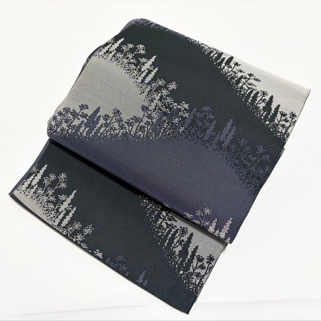 B 木屋太 風景模様 黒×紫×グレー 正絹 六通 袋帯 O38