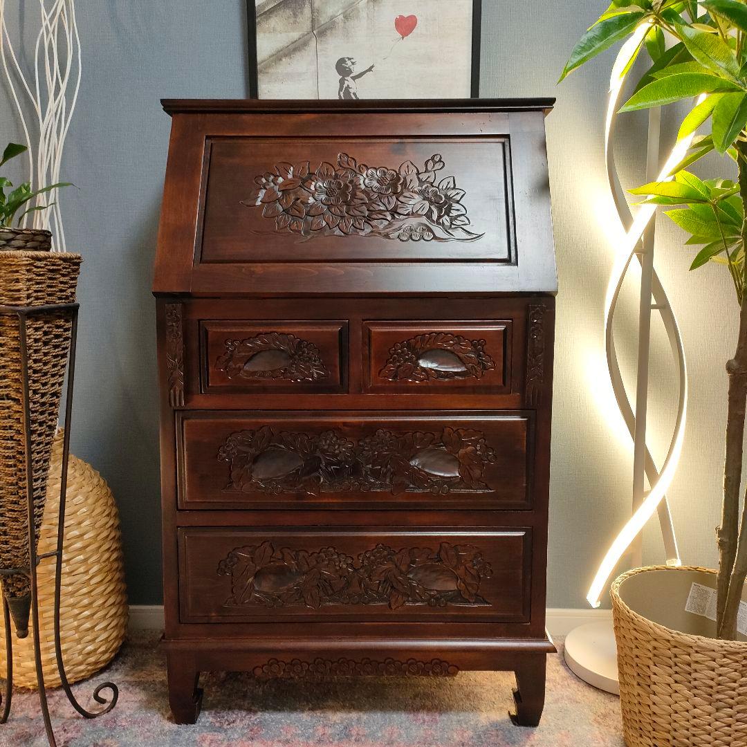 花彫刻 ライティングビューロー デスク アンティーク調アジアン家具