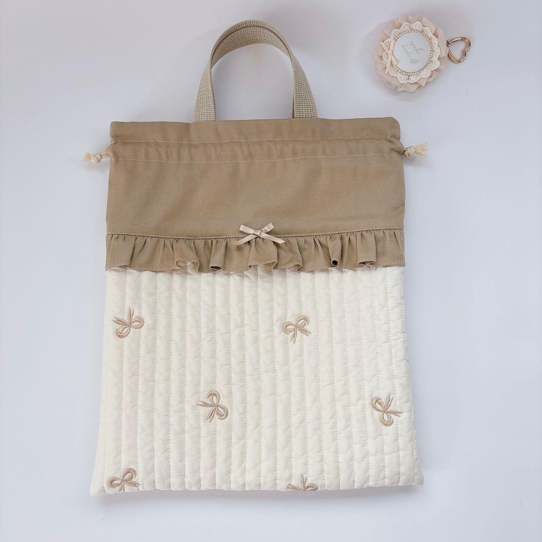 ヌビ　りぼん　刺繍生地　レッスンバッグ　上履き袋　入学入園　体操着袋　キルト