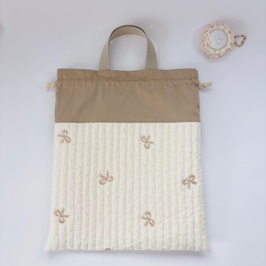 ヌビ　りぼん　刺繍生地　レッスンバッグ　上履き袋　入学入園　体操着袋　キルト