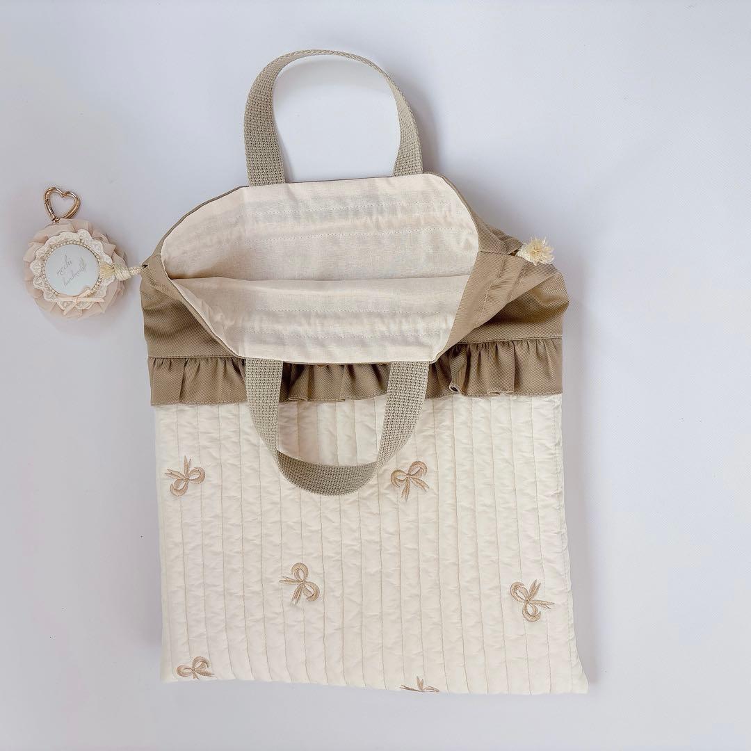 ヌビ　りぼん　刺繍生地　レッスンバッグ　上履き袋　入学入園　体操着袋　キルト