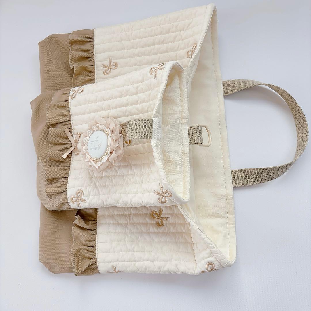 ヌビ　りぼん　刺繍生地　レッスンバッグ　上履き袋　入学入園　体操着袋　キルト