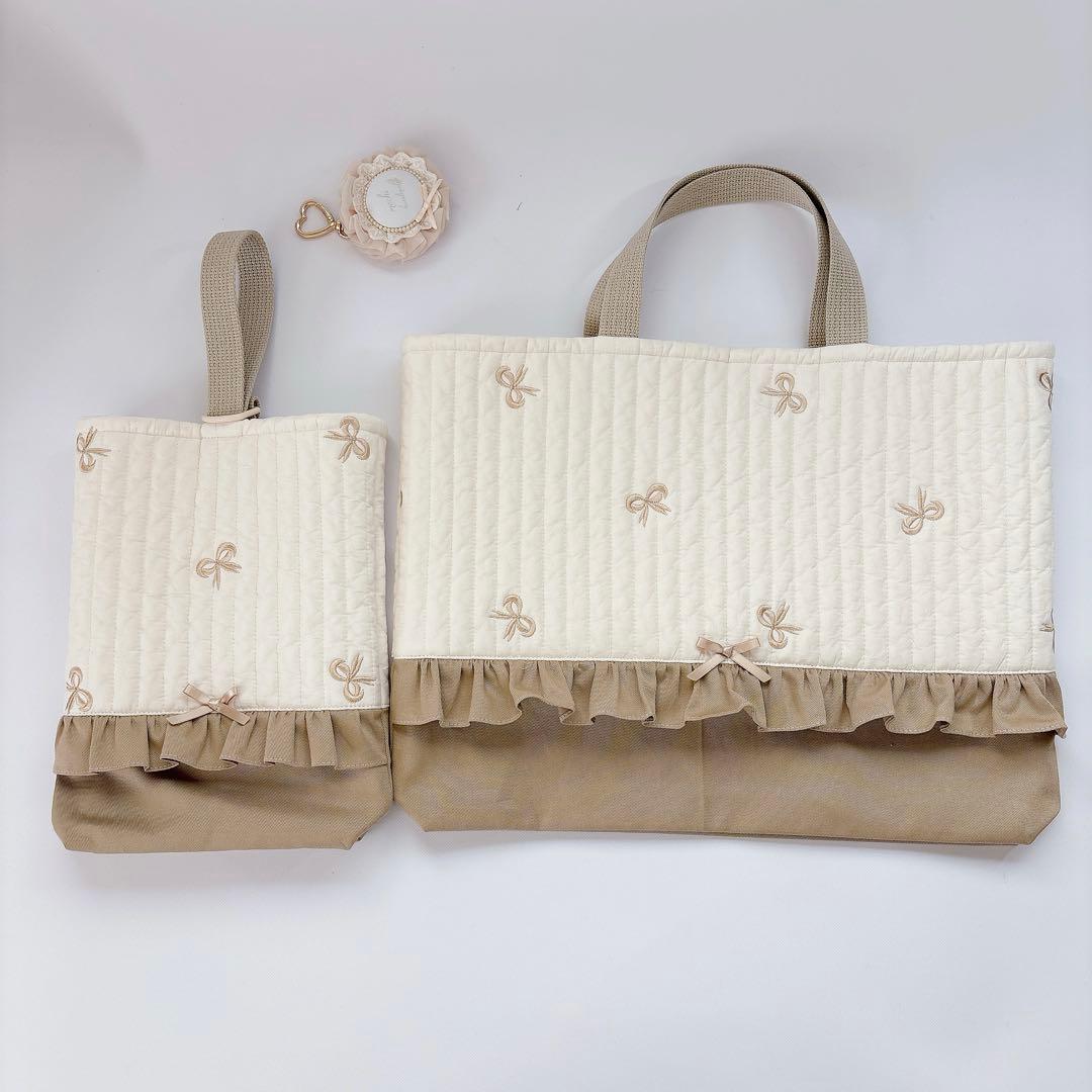 ヌビ　りぼん　刺繍生地　レッスンバッグ　上履き袋　入学入園　体操着袋　キルト