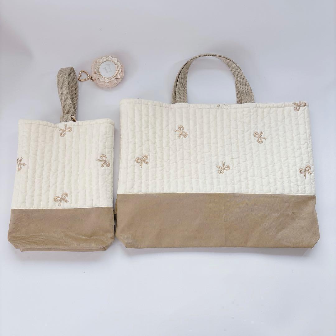 ヌビ　りぼん　刺繍生地　レッスンバッグ　上履き袋　入学入園　体操着袋　キルト
