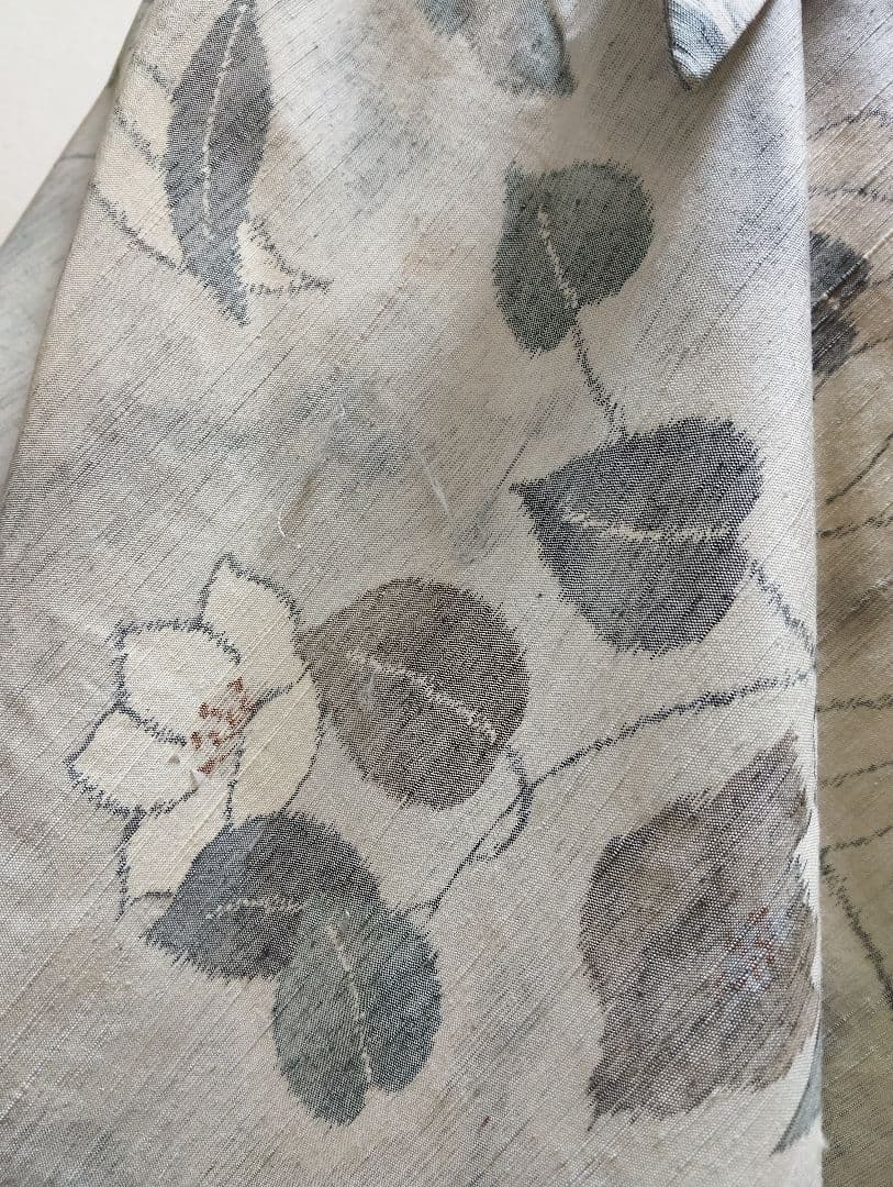 着物リメイク　紬フレアーワンピース　正絹花柄　ストールリボン2本付き