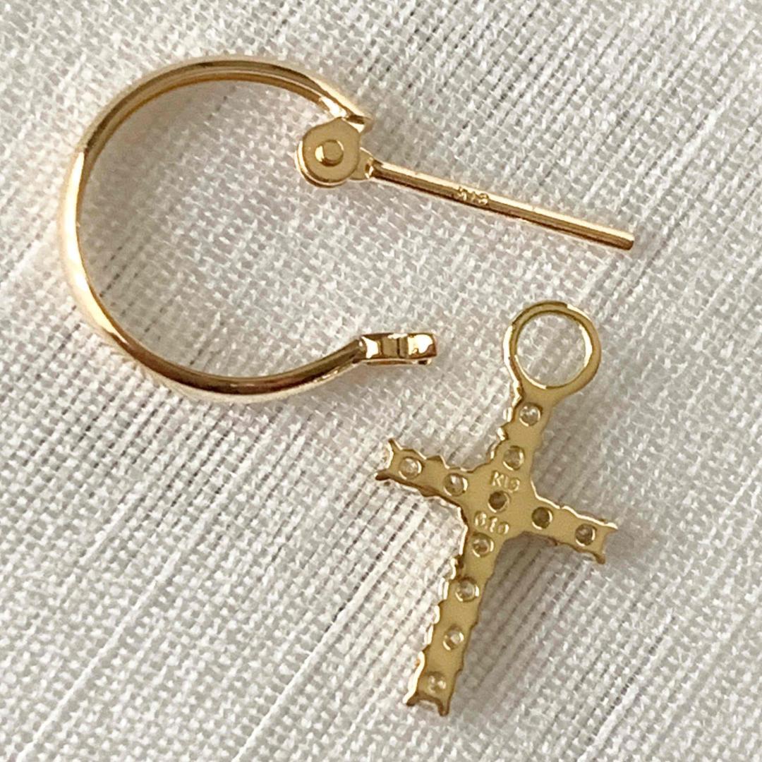 18金【フープ+クロスピアス 天然ダイヤモンド0.1ct】2way 片耳 新品！