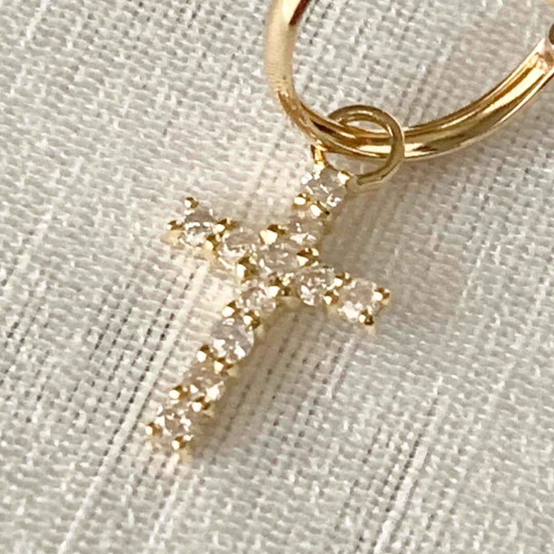 18金【フープ+クロスピアス 天然ダイヤモンド0.1ct】2way 片耳 新品！