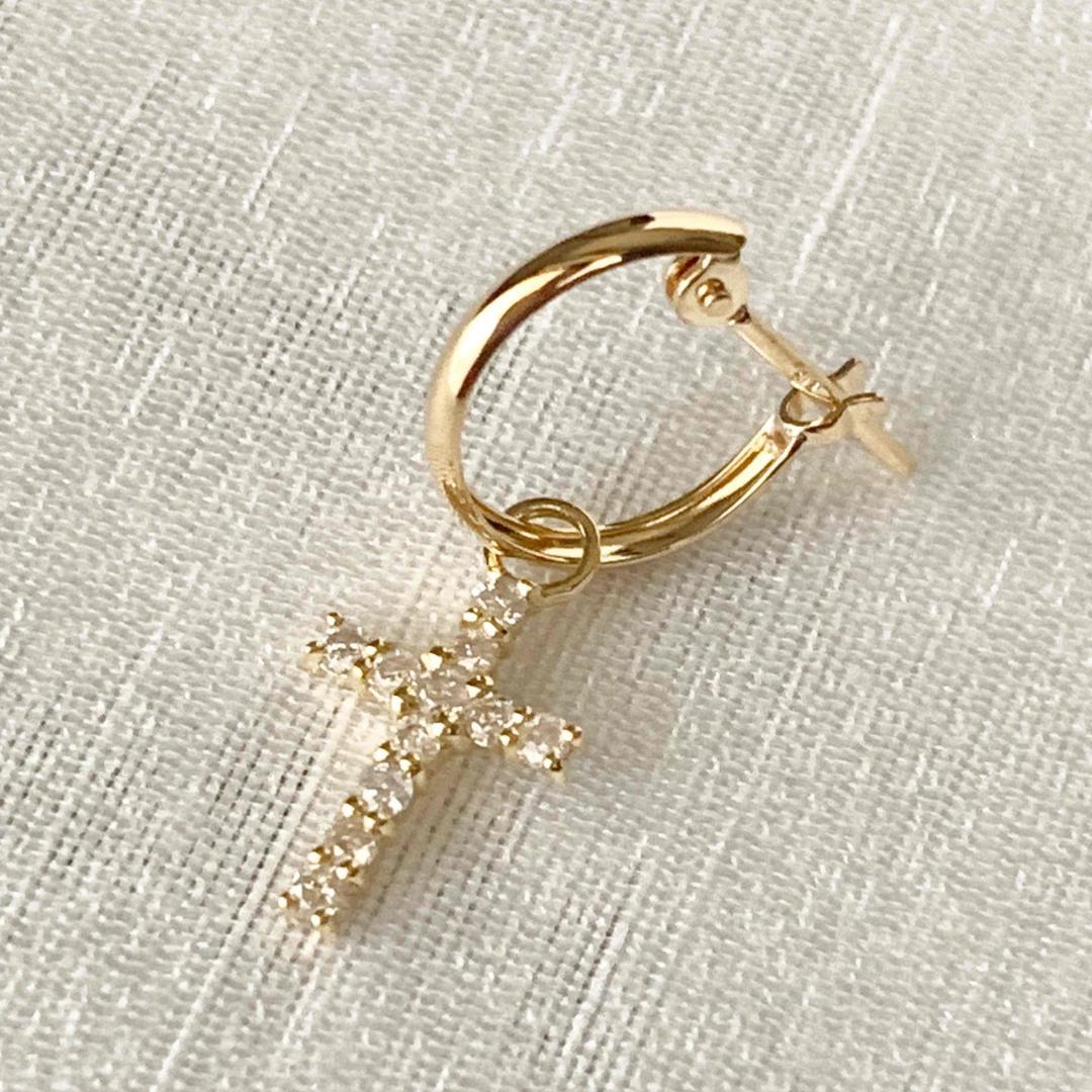 18金【フープ+クロスピアス 天然ダイヤモンド0.1ct】2way 片耳 新品！