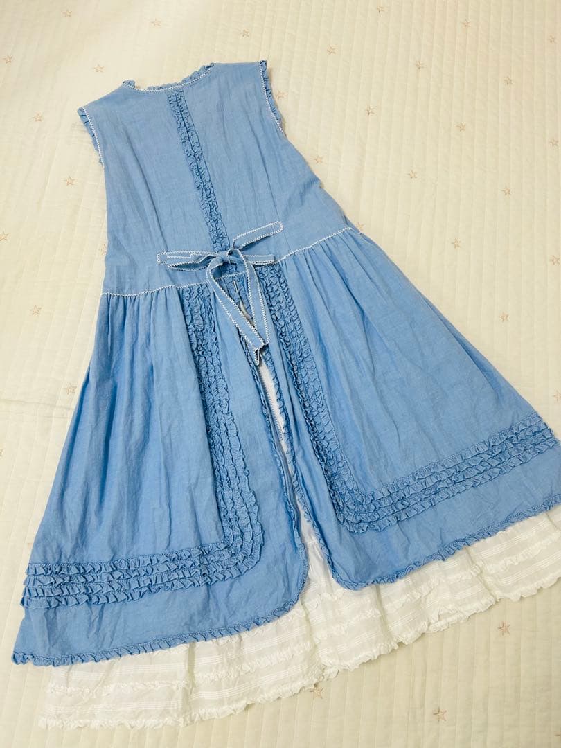 ピンクハウス　ダンガリー　ダブリエ　ワンピース　ロゴ刺繍　ピコフリル　二枚仕立て